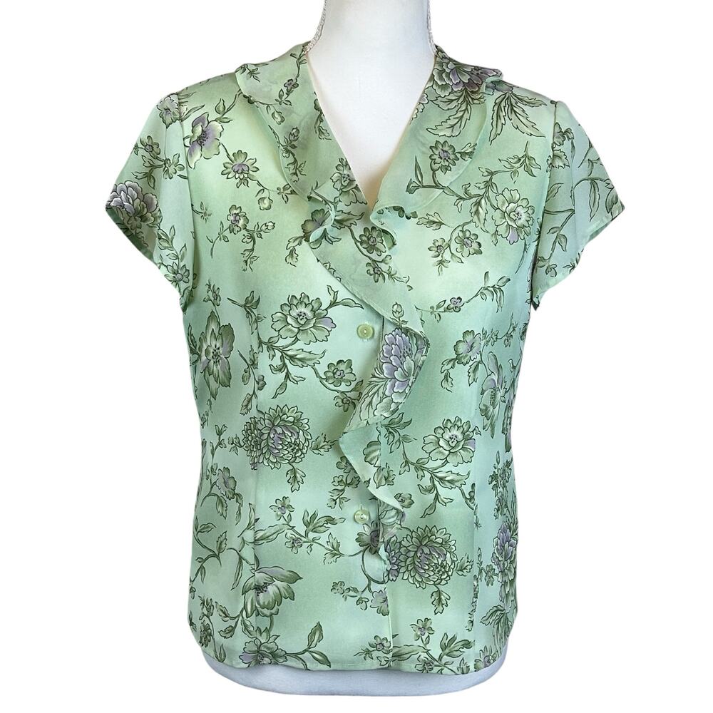 Laura Scott Top Women Petite Size 6 Mint Green Floral Coquette Ruffle Blouse